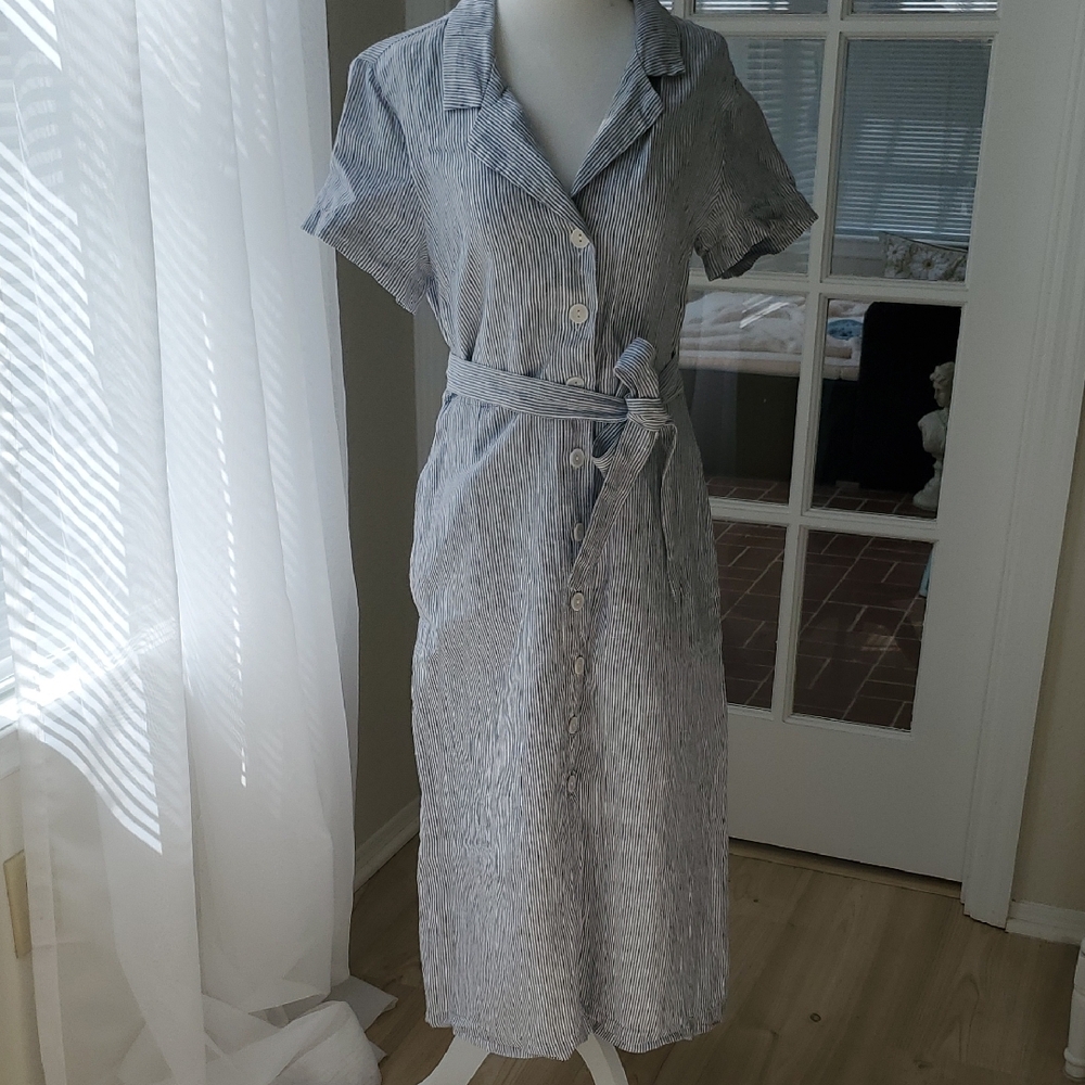 Quince 100% Linen Blue and White Striped Dress
